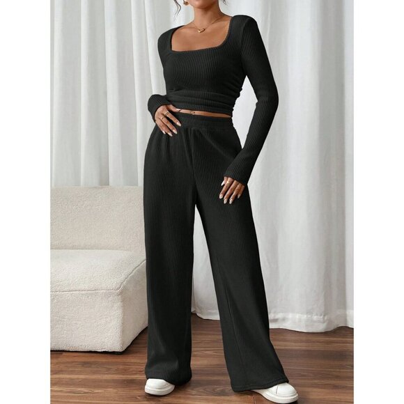 2 piece set: ribbed knit long sleeve tee & elastic waist pants lounge gray - Picture 3 of 9